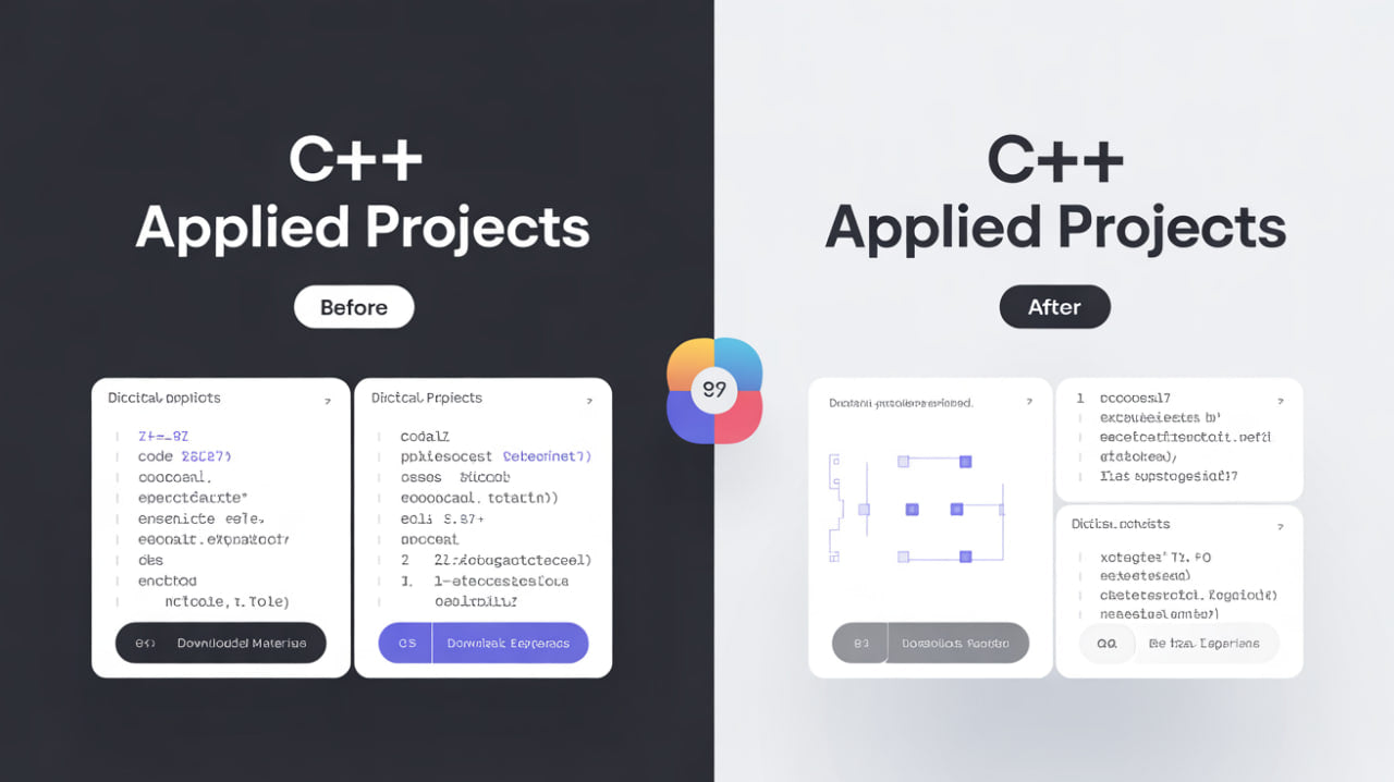Comparison of 'C++ Applied Projects' before and after redesign on a dark and light background.