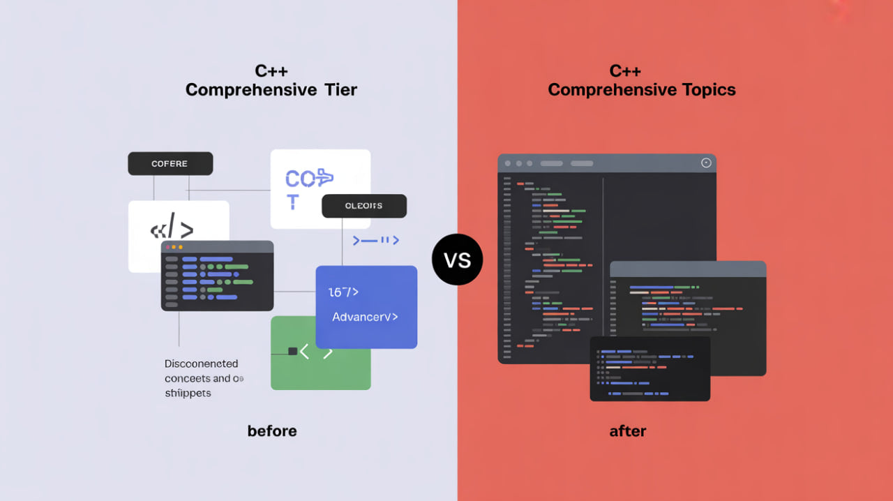Comparison of C++ learning resources with 'before' and 'after' diagrams on a two-tone background.