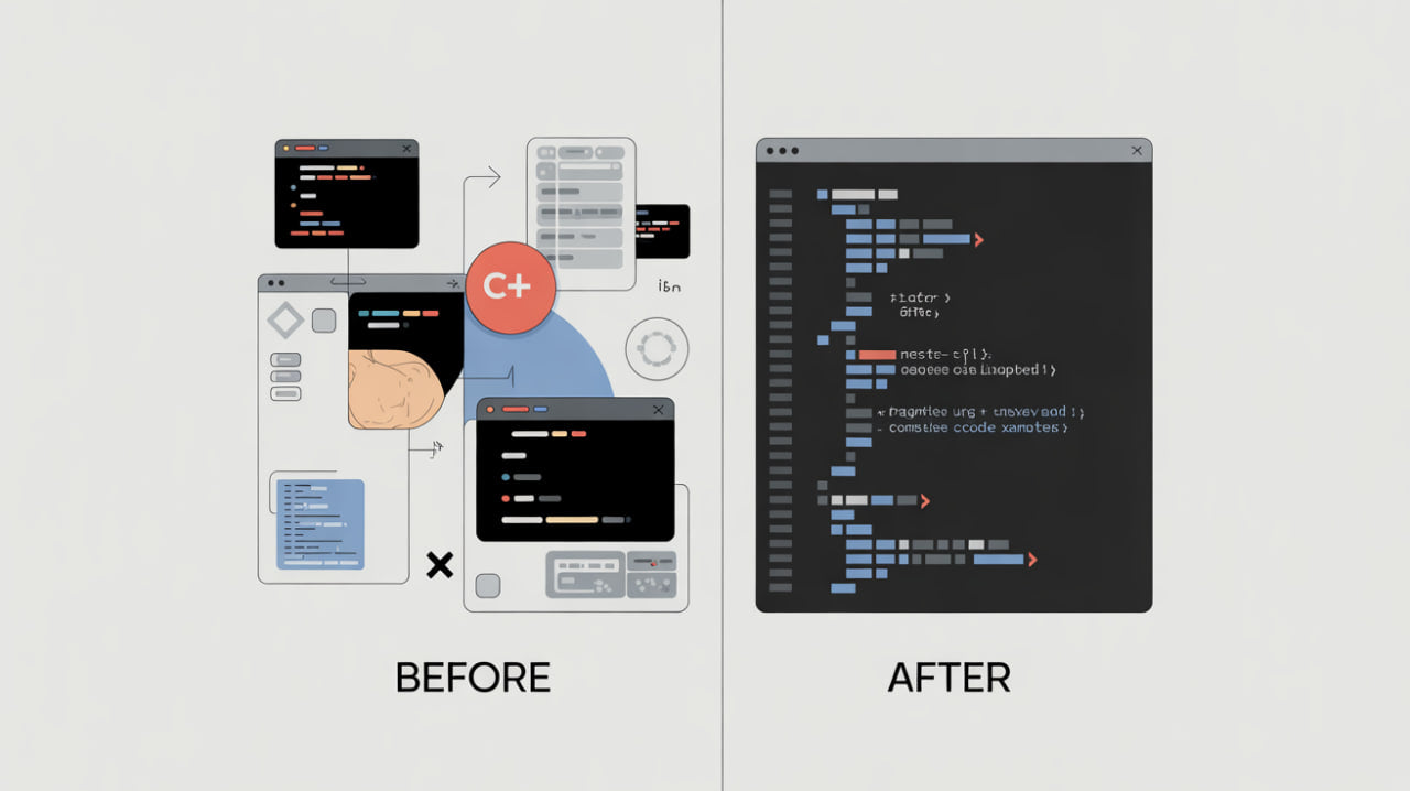 Comparison of code editor interface before and after simplification on a light gray background.