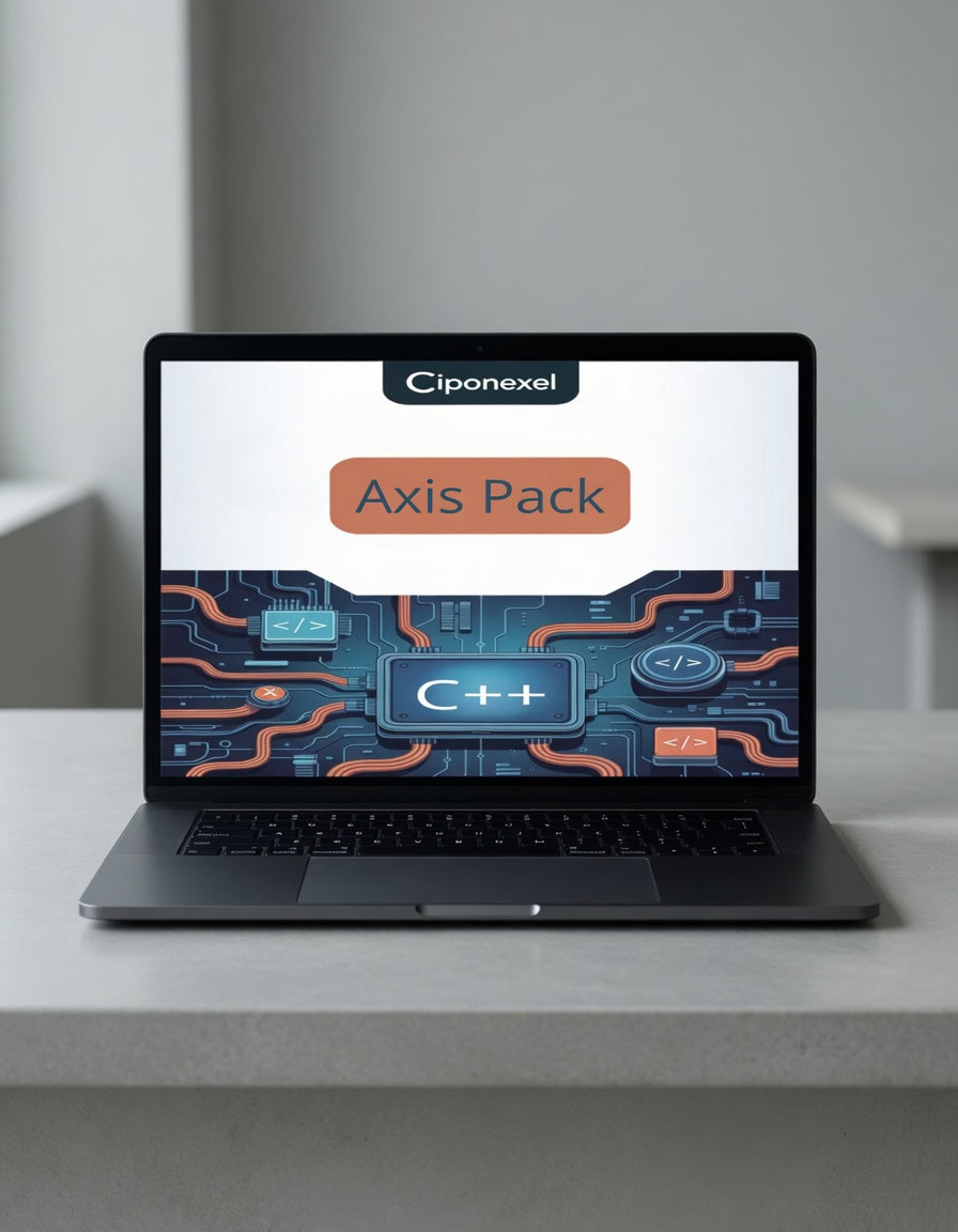 Laptop displaying a software pack on a gray surface
