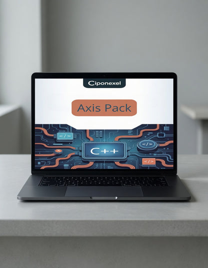 Laptop displaying a software pack on a gray surface