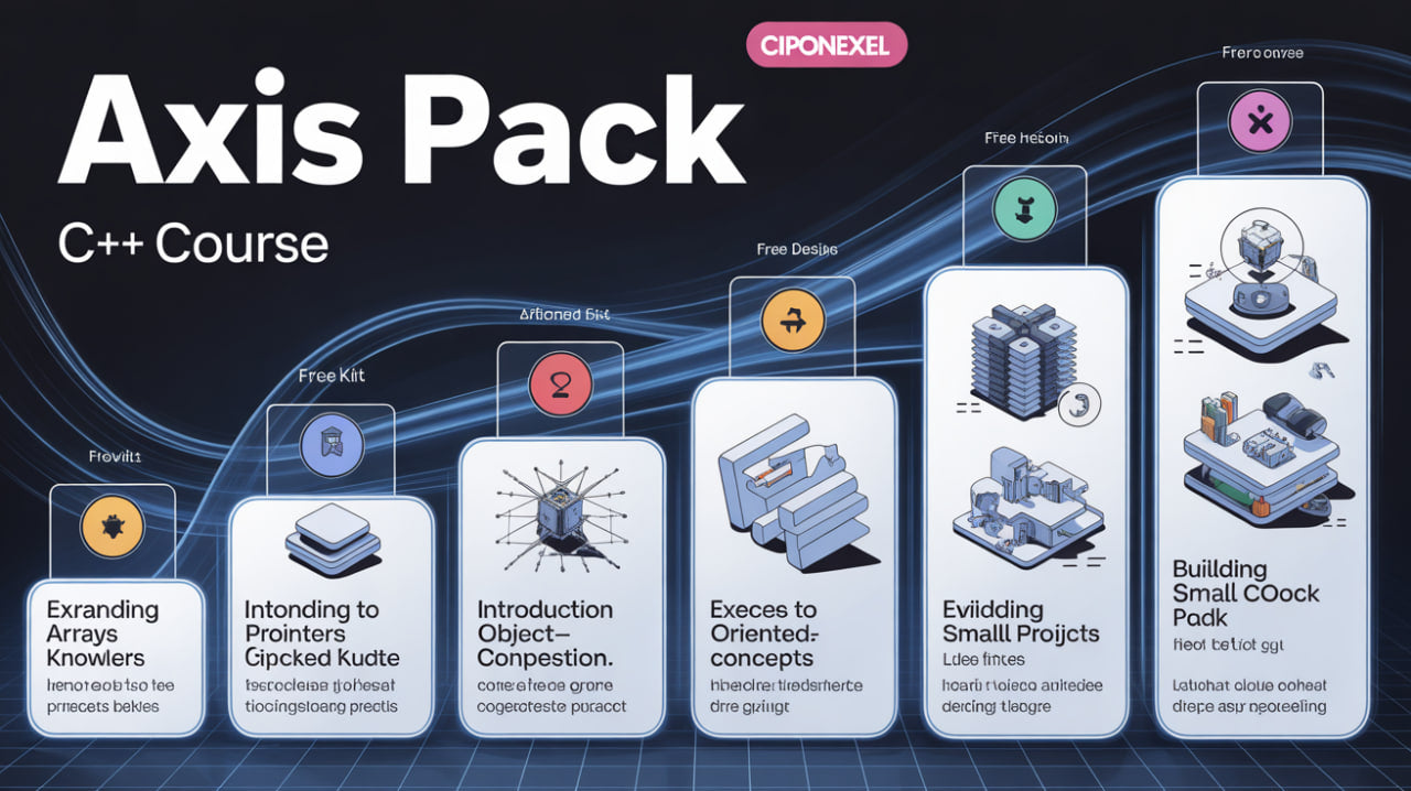 C++ course pack with various modules on a dark background