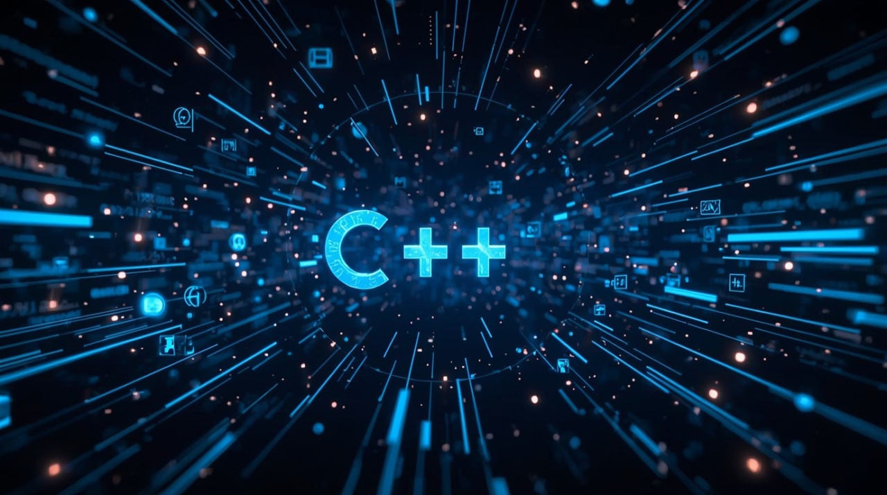 C++ logo in the center of a futuristic, starry space background with blue and black colors.