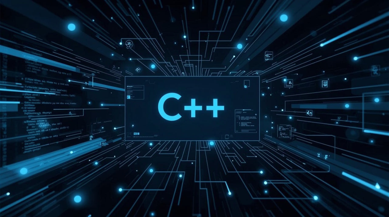 Digital illustration of a computer screen with 'C++' on a futuristic blue-tech background