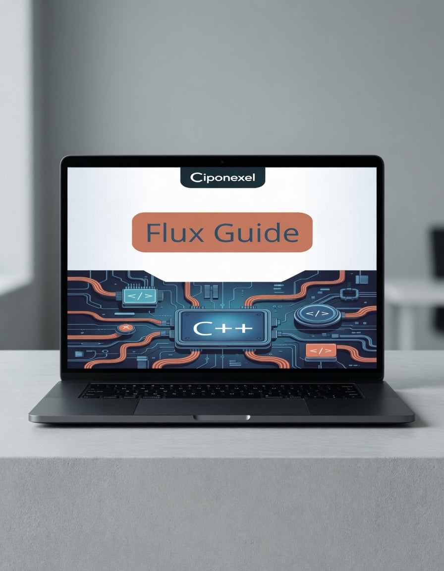 Laptop displaying a Ciponexel Flux Guide on a gray surface with a gray background