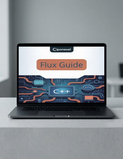 Laptop displaying a Ciponexel Flux Guide on a gray surface with a gray background