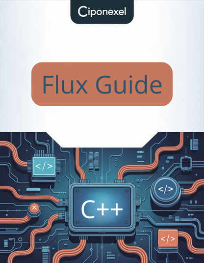 Ciponexel Flux Guide book cover with electronic circuit design and C++ symbol