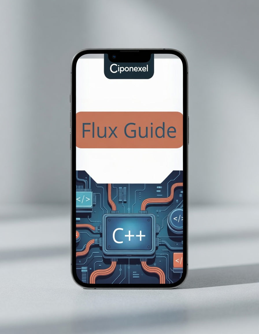 Phone displaying a Ciponexel Flux Guide with C++ logo on a gray background