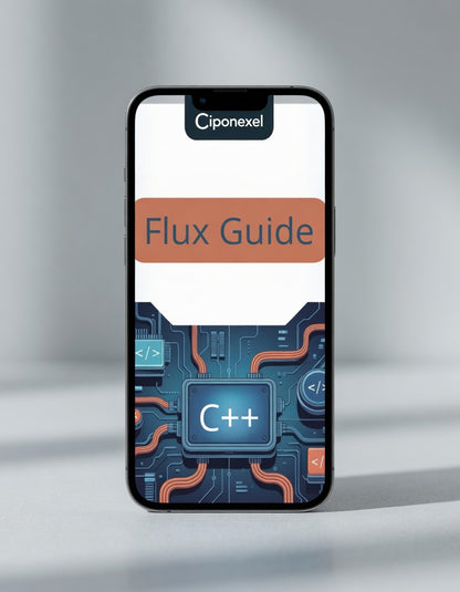 Phone displaying a Ciponexel Flux Guide with C++ logo on a gray background
