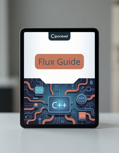Tablet displaying a 'Flux Guide' by Ciponexel on a blurred background