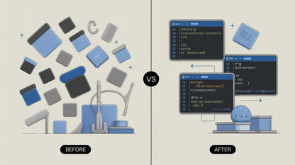 Illustration showing a before and after comparison of software development processes.