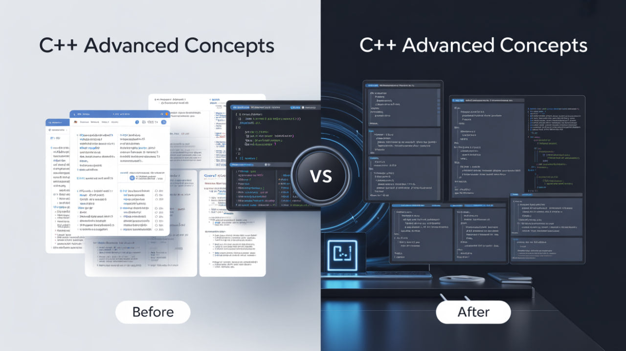 Comparison of C++ advanced concepts before and after using a tool, with code editor interface and text 'C++ Advanced Concepts'.