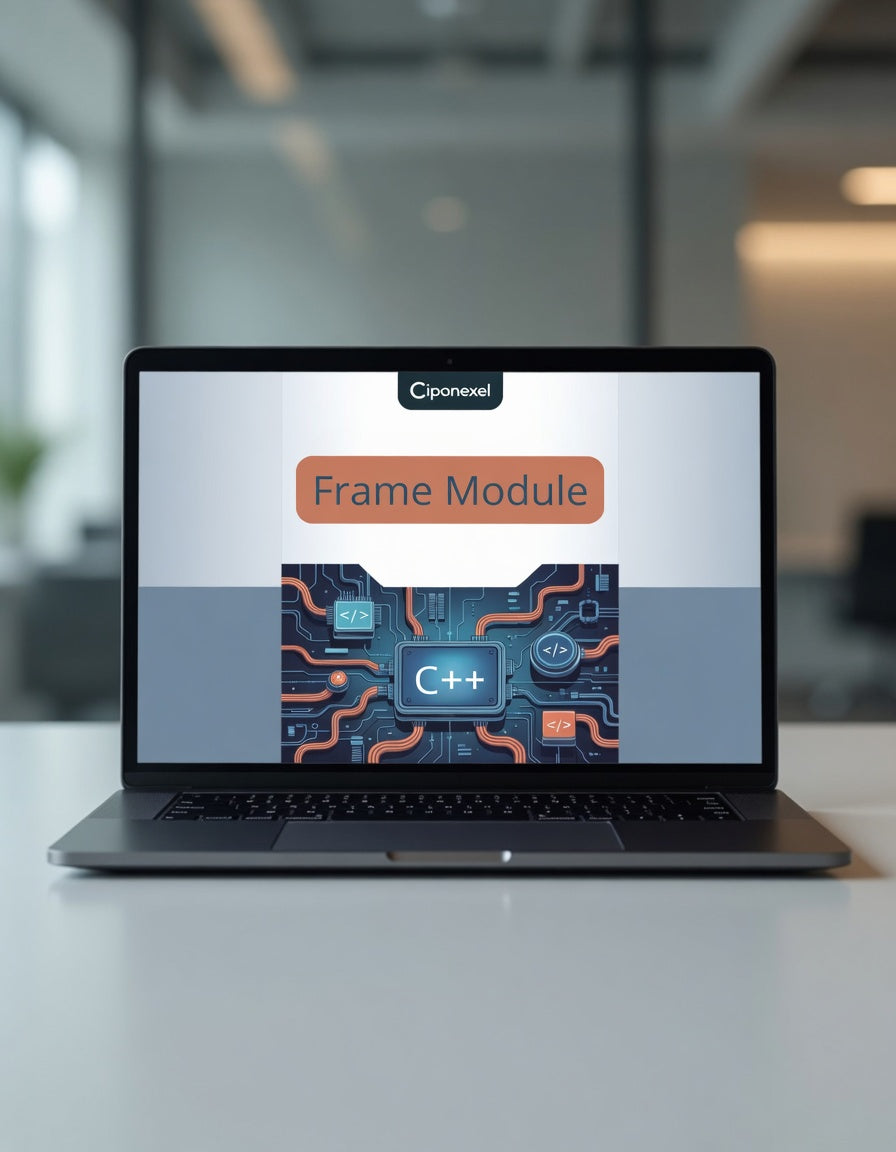 Laptop displaying a software module training interface on a blurred office background