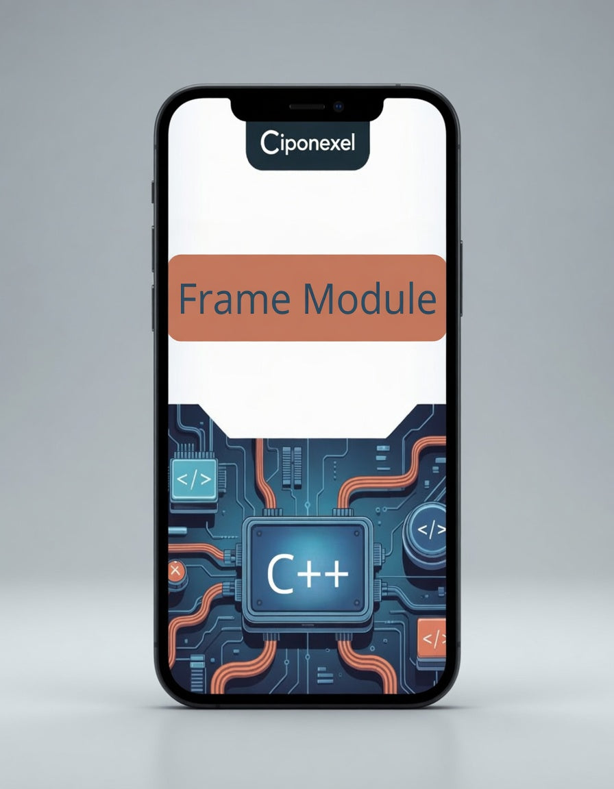 Phone case with 'Ciponexel' branding and 'Frame Module' text on a gray background