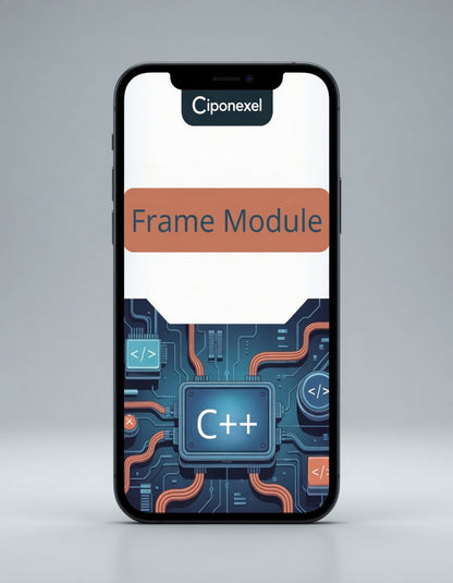 Phone case with 'Ciponexel' branding and 'Frame Module' text on a gray background