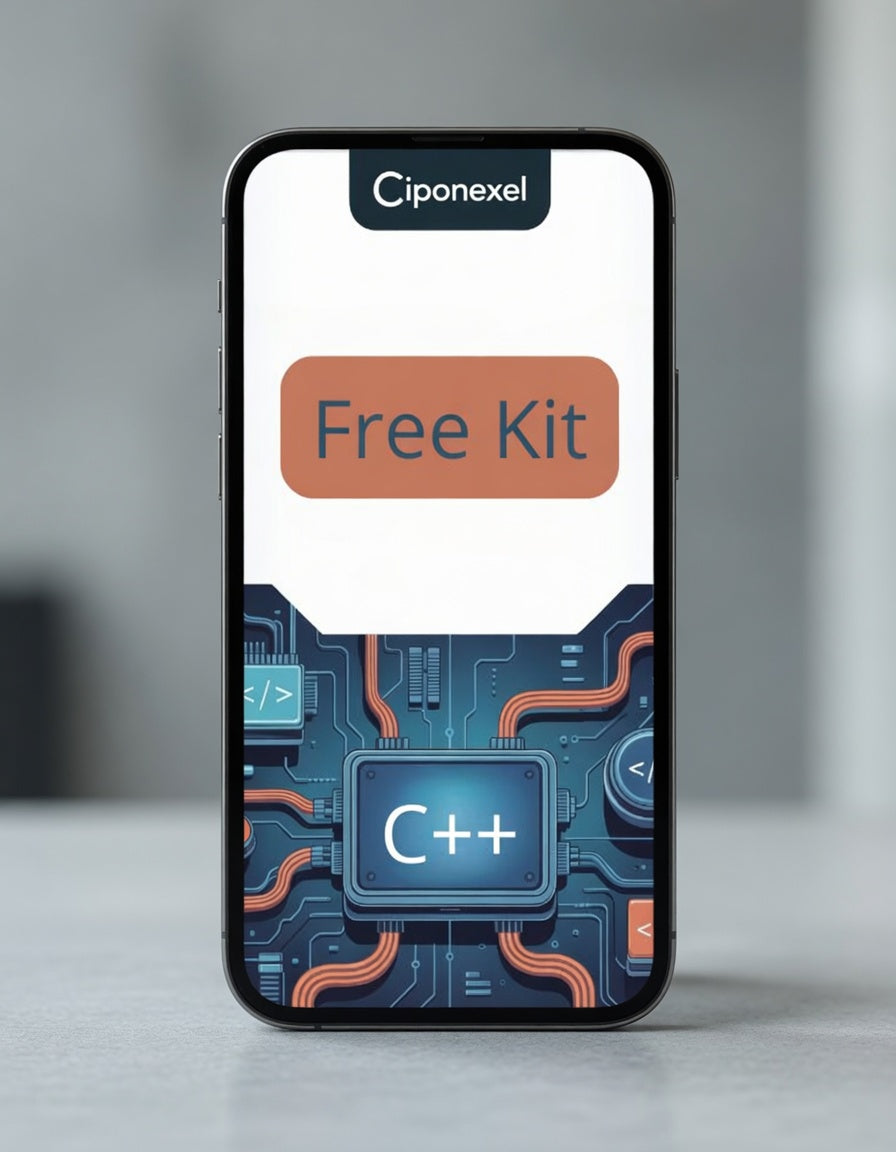 Phone displaying a C++ free kit offer with Ciponexel branding on a blurred background