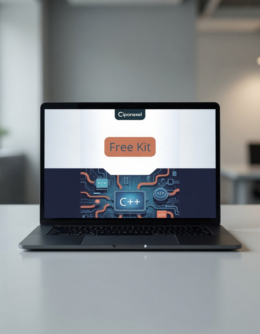 Laptop displaying a Ciponexel free kit offer on a blurred office background