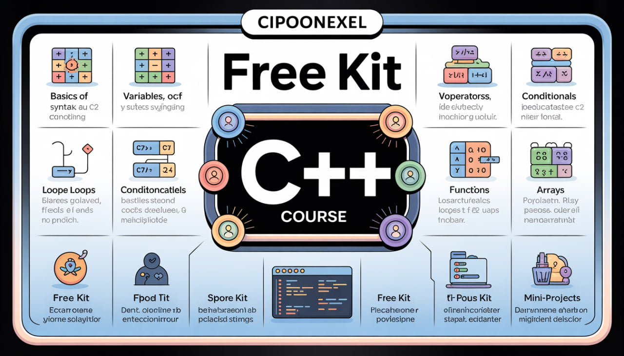 C++ course free kit with various icons and text on a blue background