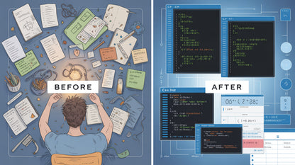 Illustration of a person working at a desk with text 'Before' and 'After' showing code on computer screens.
