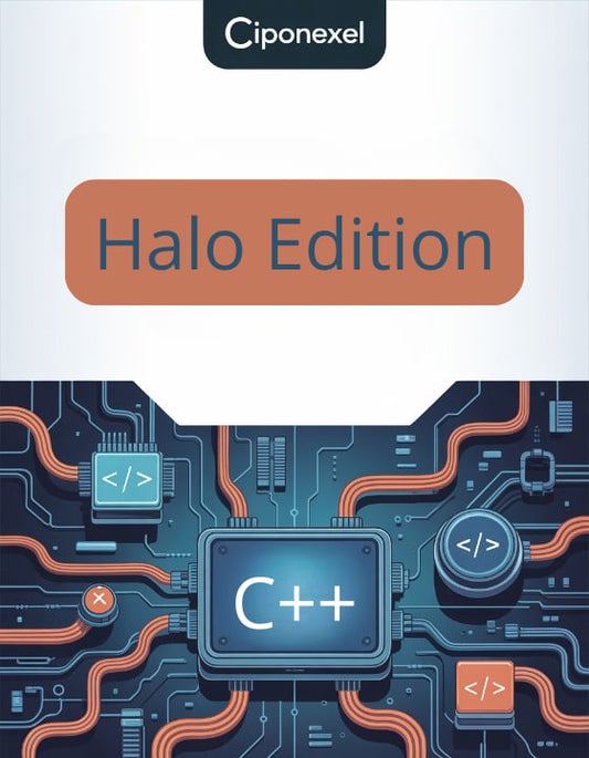 Ciponexel Halo Edition book cover with C++ logo on a circuit board design.