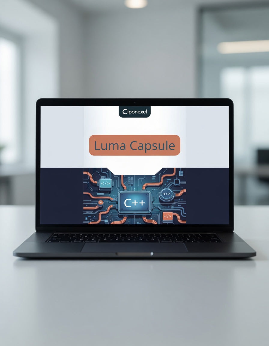 Laptop displaying a Ciponexel Luma Capsule software interface on a blurred office background