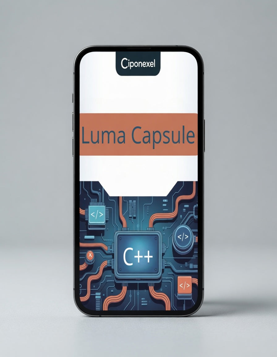Phone case with Ciponexel branding and Luma Capsule design on a gray background