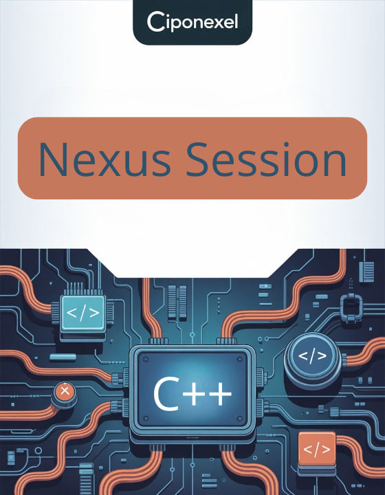Ciponexel Nexus Session book cover with electronic circuit design and C++ logo.