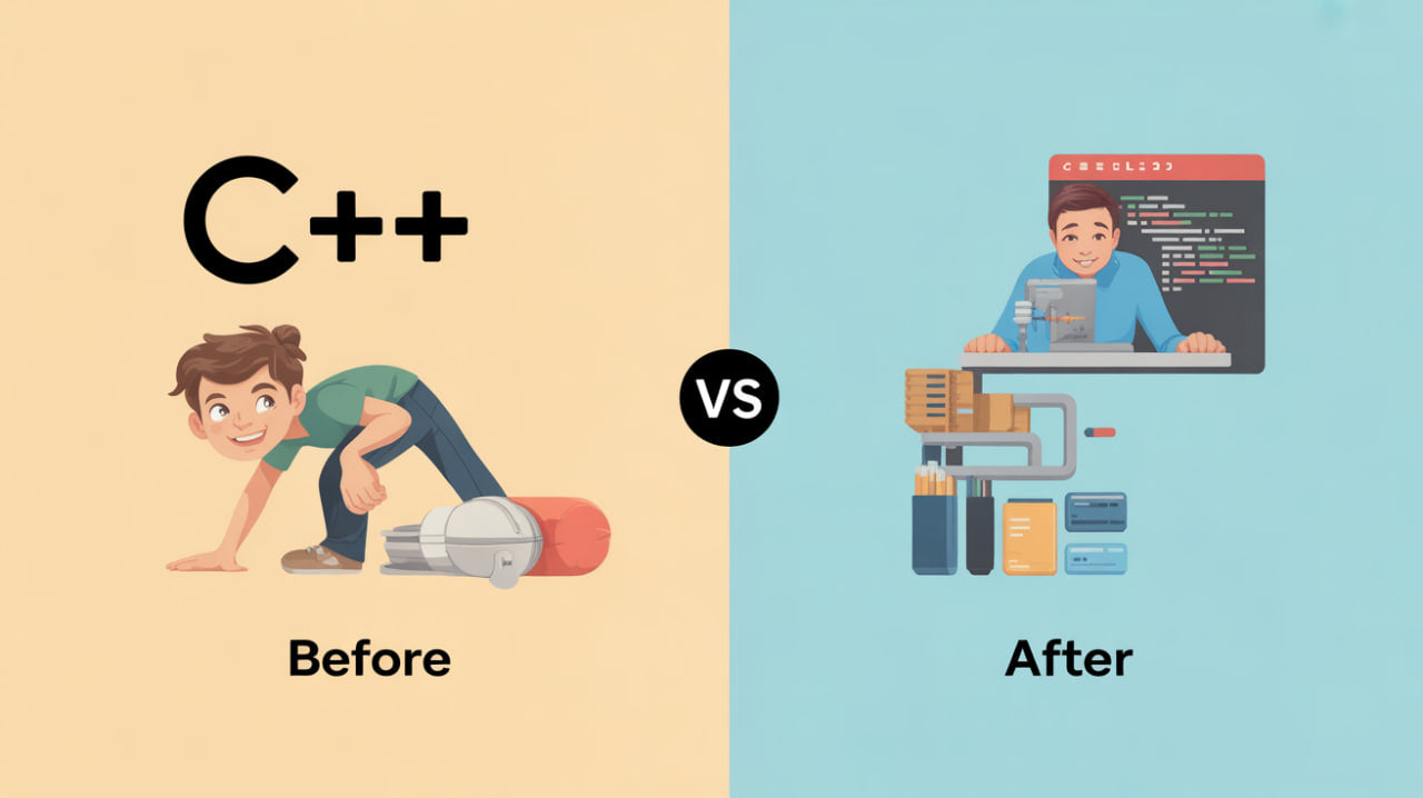 Illustration showing a person before and after learning C++ on a computer.