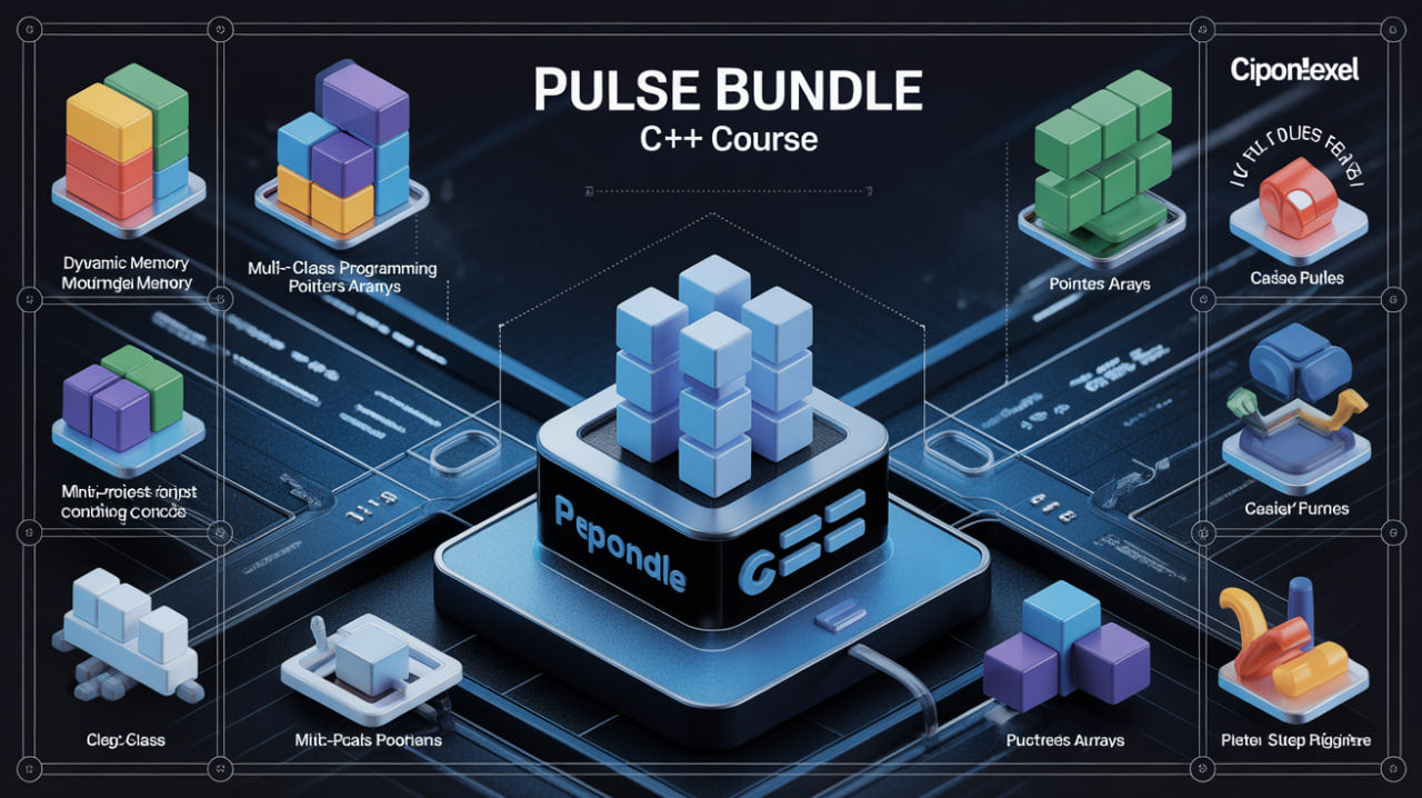 Pulse Bundle C++ Course with various components and branding on a dark background