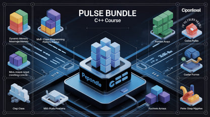 Pulse Bundle C++ Course with various components and branding on a dark background