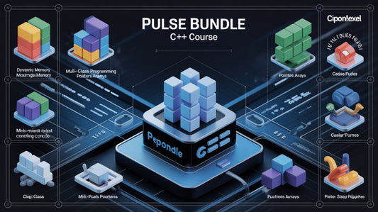 Pulse Bundle C++ Course with various components and branding on a dark background