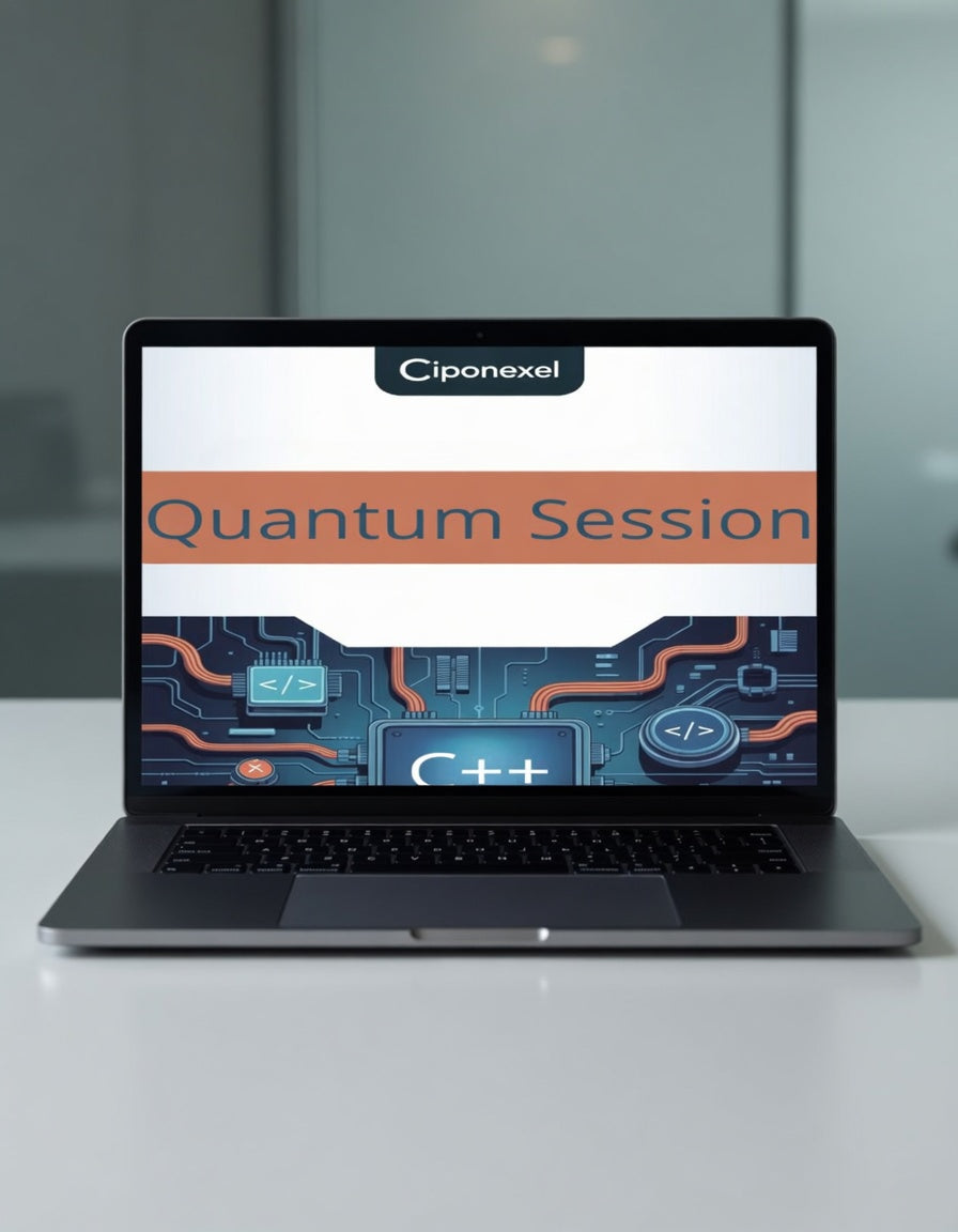 Laptop displaying a Ciponexel Quantum Session on a white surface with a blurred background