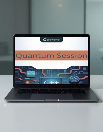 Laptop displaying a Ciponexel Quantum Session on a white surface with a blurred background