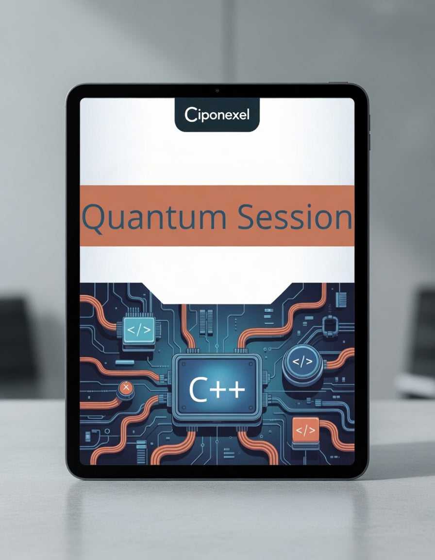 Tablet displaying a 'Quantum Session' by Ciponexel with a technical design on a blurred office background.