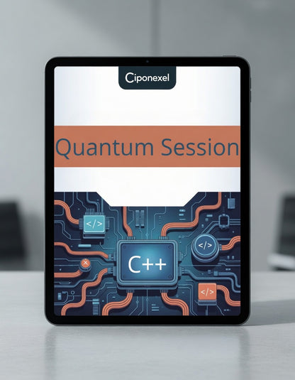 Tablet displaying a 'Quantum Session' by Ciponexel with a technical design on a blurred office background.