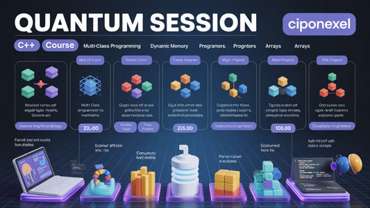 Ciponexel Quantum Session course interface with various programming concepts and a laptop.