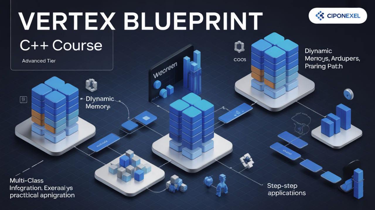 Advertisement for a C++ course titled 'Vertex Blueprint' with blue geometric shapes and text on a dark background.