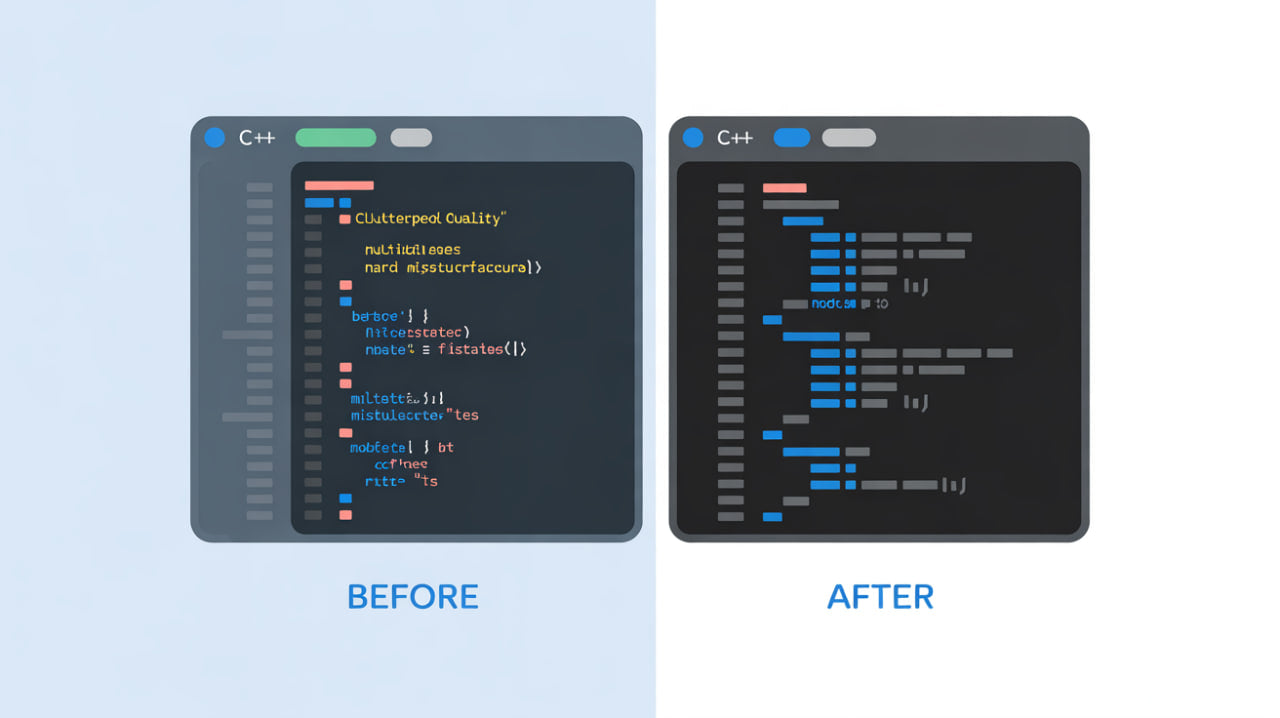 Comparison of code editor interface with 'Before' and 'After' labels on a light blue and white background.