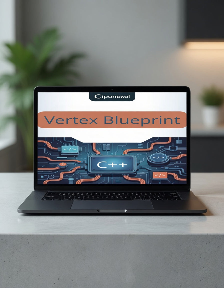 Laptop displaying 'Ciponexel Vertex Blueprint' on a desk with a blurred background